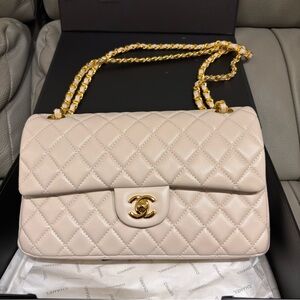 Chanel Light Beige Quilted Shoulder Bag with Gold Chain